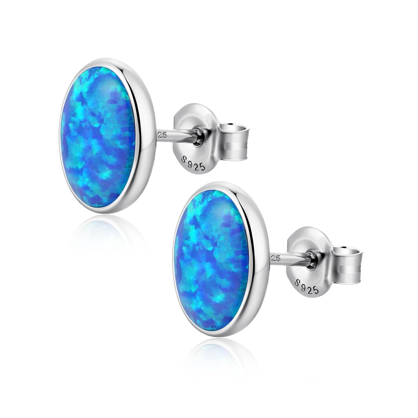 JiayangJY Silver Blue Fire Opal Stud Earrings for Women 18K White Gold Plated Sterling Silver Oval Shape 5mm Opal Earrings with Push Back