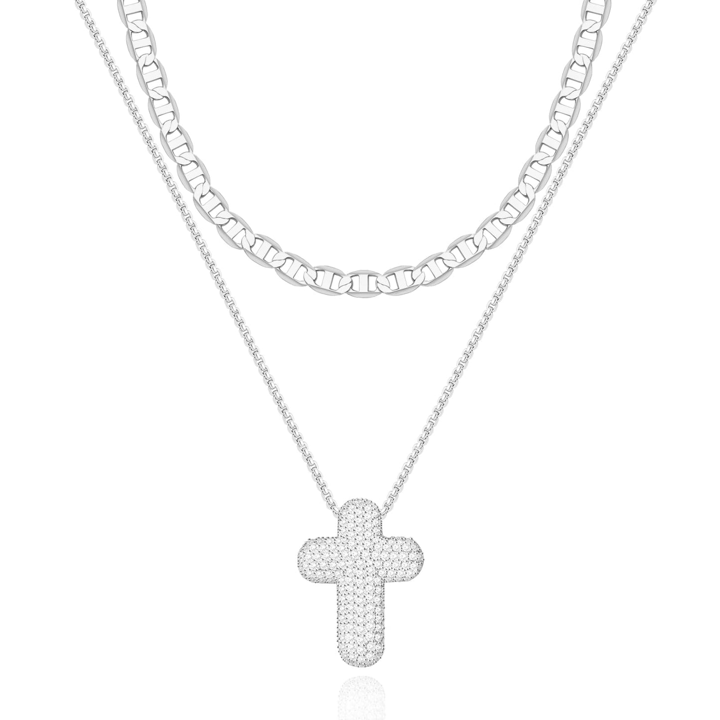 OGD Layered Silver Necklaces for Women 925 Silver Plated Cross Necklace for Women Stackable Stacked Stacking Dainty Necklace Mariner Chain Necklace CZ Cross Pendant Necklaces Set Simple Jewelry Gift