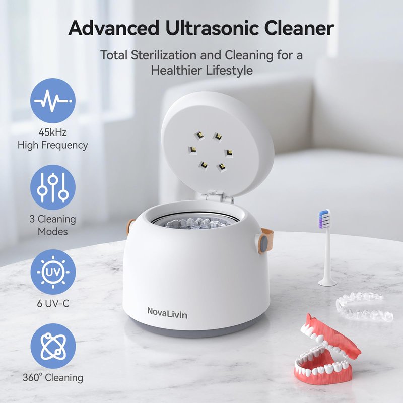 Ultrasonic Retainer Cleaner, 45kHz Ultrasonic Cleaner machine 3 Modes Deep cleaning 200ml Tank with Digital Timer for Aligner, Mouth Guard, Toothbrush Heads, Braces White
