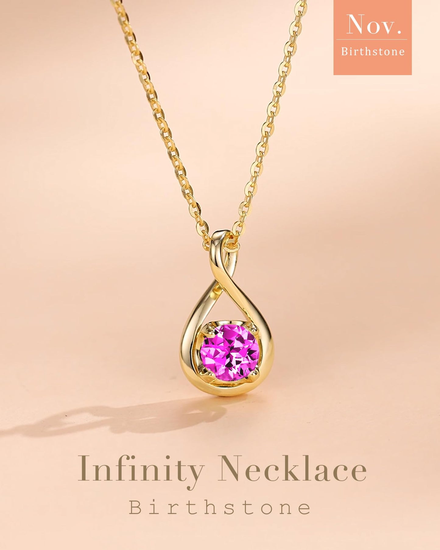 FANCIME Pink Tourmaline Birthstone Necklace for Women Sterling Silver Yellow Gold Plated October Gemstone Infinity Pendant Fine Jewelry Graduation Birthday Mothers Day Gifts for Women Her, Chain 16"+2" Extend