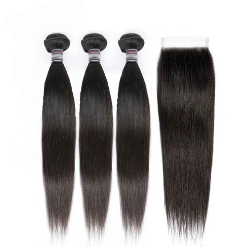Human Hair 3 Bundles with Closure Straight 100% Unprocessed Virgin Brazilian Hair Bundles with 4x4 Lace Closure Free Part, Double Weft 10A Hair Weave Extensions, Natural Black Color (20" 20" 20" + 14" Closure)