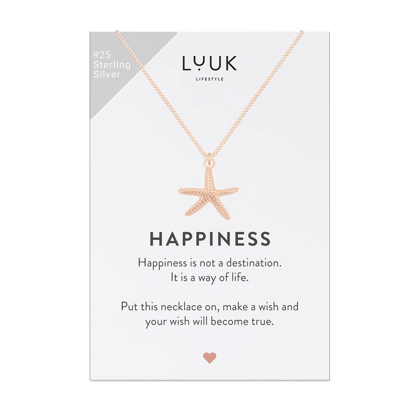 LUUK LIFESTYLE Necklace with starfish pendant and HAPPINESS card, 925 sterling silver, jewelry gift idea for women, 19”, modern fashion accessory for summer, adjustable chain, rose gold