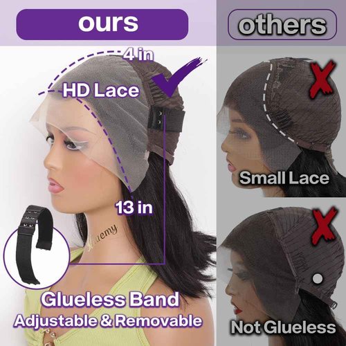 HIRIREMY Bob Wig Human Hair 13x4 HD Lace Frontal Short Straight Lace Front Bob Wigs for Black Women Human Hair Pre Plucked Glueless Side Part 180% Density Black Color 16 Inch