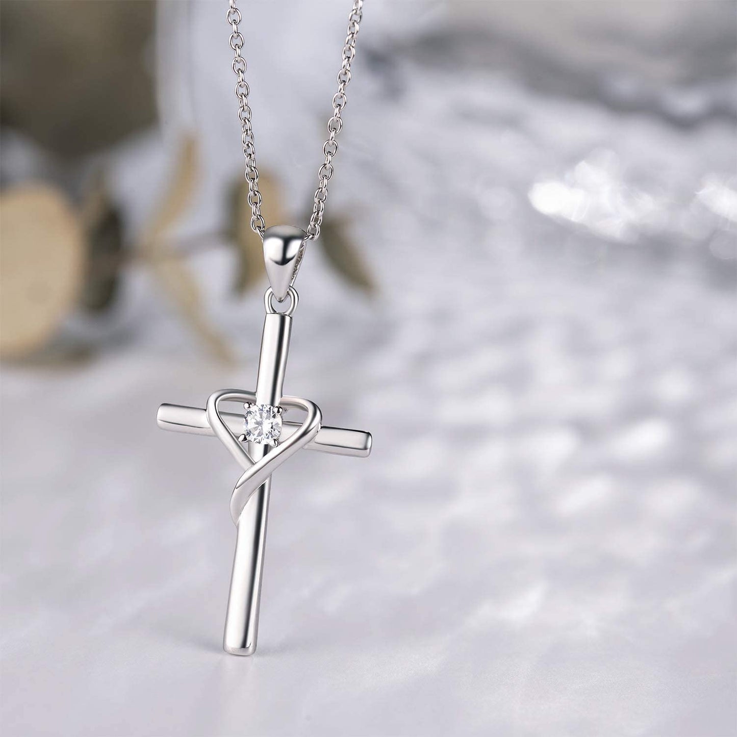 AmorAime 925 Sterling Silver Cross Necklace for Women Men 14K Gold Plated 5A CZ Birthstone Necklaces for Holiday (D.white-CZ-April)