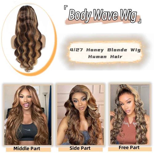 Sunelk 13x6 Lace Front Wigs Human Hair 200 Density Honey Blonde Ombre Highlight Body Wave Lace Front Wigs Human Hair Pre Plucked HD Lace Frontal Glueless Wig for Women 4/27 Colored 22 Inch