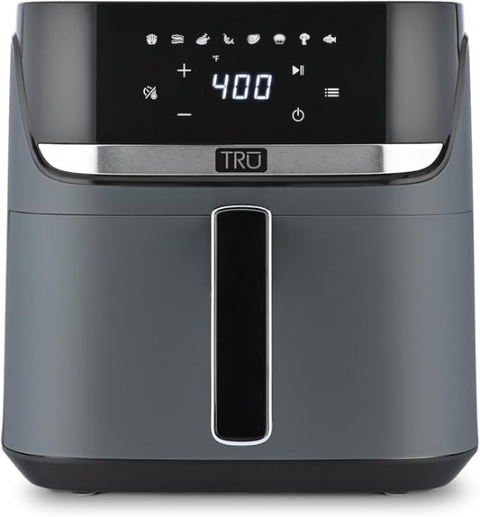 TRU 8-Quart Digital Air Fryer by Select Brands - Family Size, One-Touch Control, 8 Presets - Air Fry Chicken, Meat, Veggies, Fries - Nonstick Pot and Crisping Tray, Auto Shut Off, Matte Gray