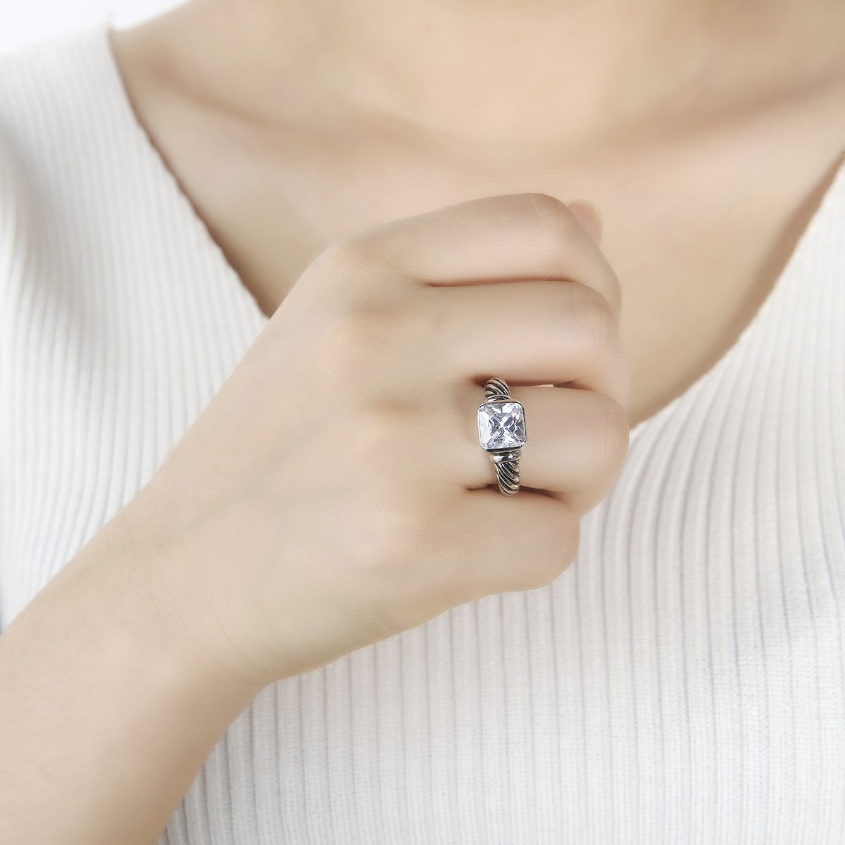 UNY Jewel Petite Ring Twisted Cable Wire CZ Designer InspiTwo Tone Clear Fashion Brand David Women Jewelry Christmas Valentine Gifts (Two Tone Clear, 7)