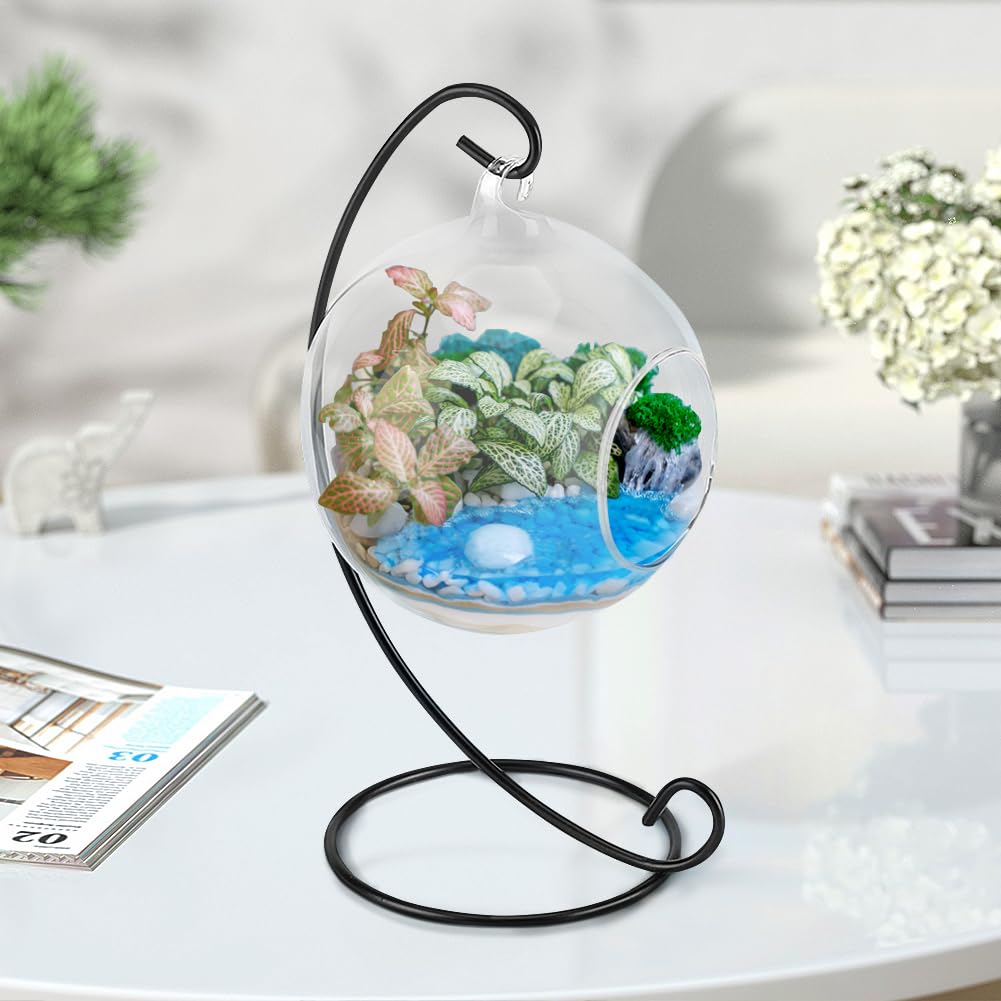 Air Plant Terrarium Kit with Stand, Hanging Glass VaseTerrarium Globe with Metal Ornament Display Stand Tabletop Glass Terrarium for Air Plants Small Plants