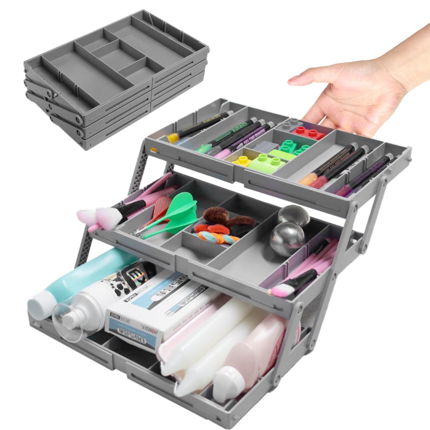 3 Tier Drawer Organizer Collapsible, Multi Level Drawer Organizer, Junk Drawer Organizer for Office, Makeup, Jewelry, Vanity, Kitchen(1 Row 3 Tier)
