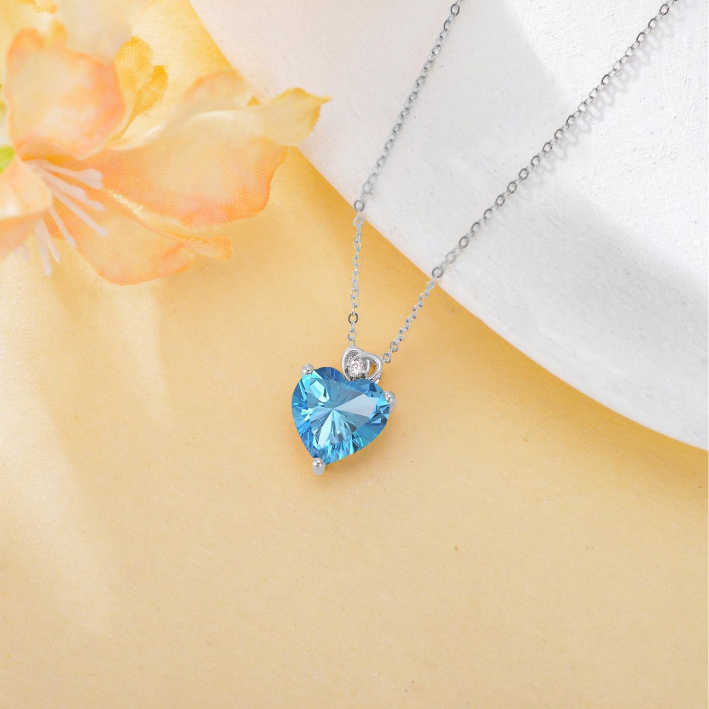 NFYBD 14k White Gold Love Heart Blue Topaz Birthstone Pendant Necklace for Women 3 Carat Heart-cut Created Gemstone Anniversary Birthday Mother's Day Necklaces for Her-topaz
