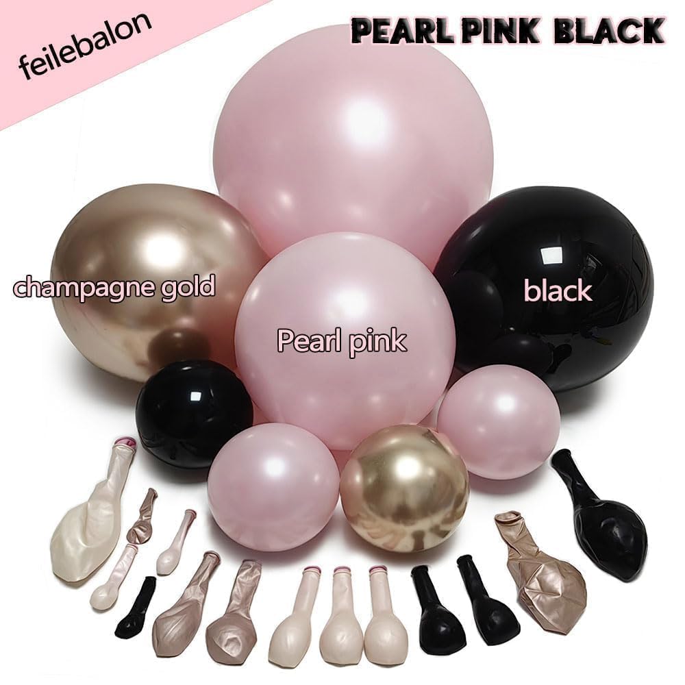 Pink Black Balloon Arch Kit - Double Stuffed Pastel Pearl Baby Pink Balloon Garland with Champagne Rose Gold Balloons for Birthday Bridal Baby Shower Wedding Graduation Party Decoration