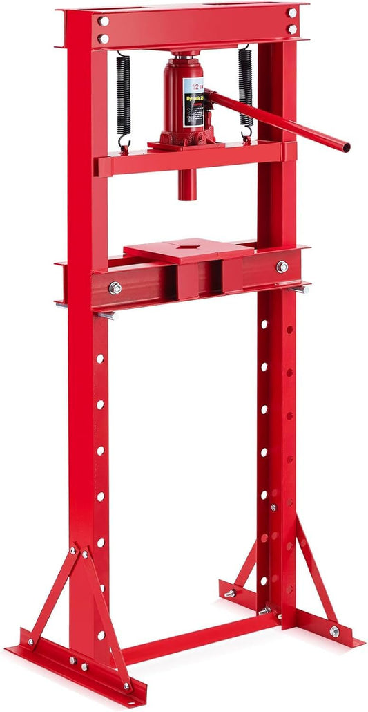 12-Ton H-Frame Hydraulic Press with Adjustable Table & 2 Press Plates, Heavy-Duty Shop Press for u-Joints, Metal Bending, and Garage Repairs