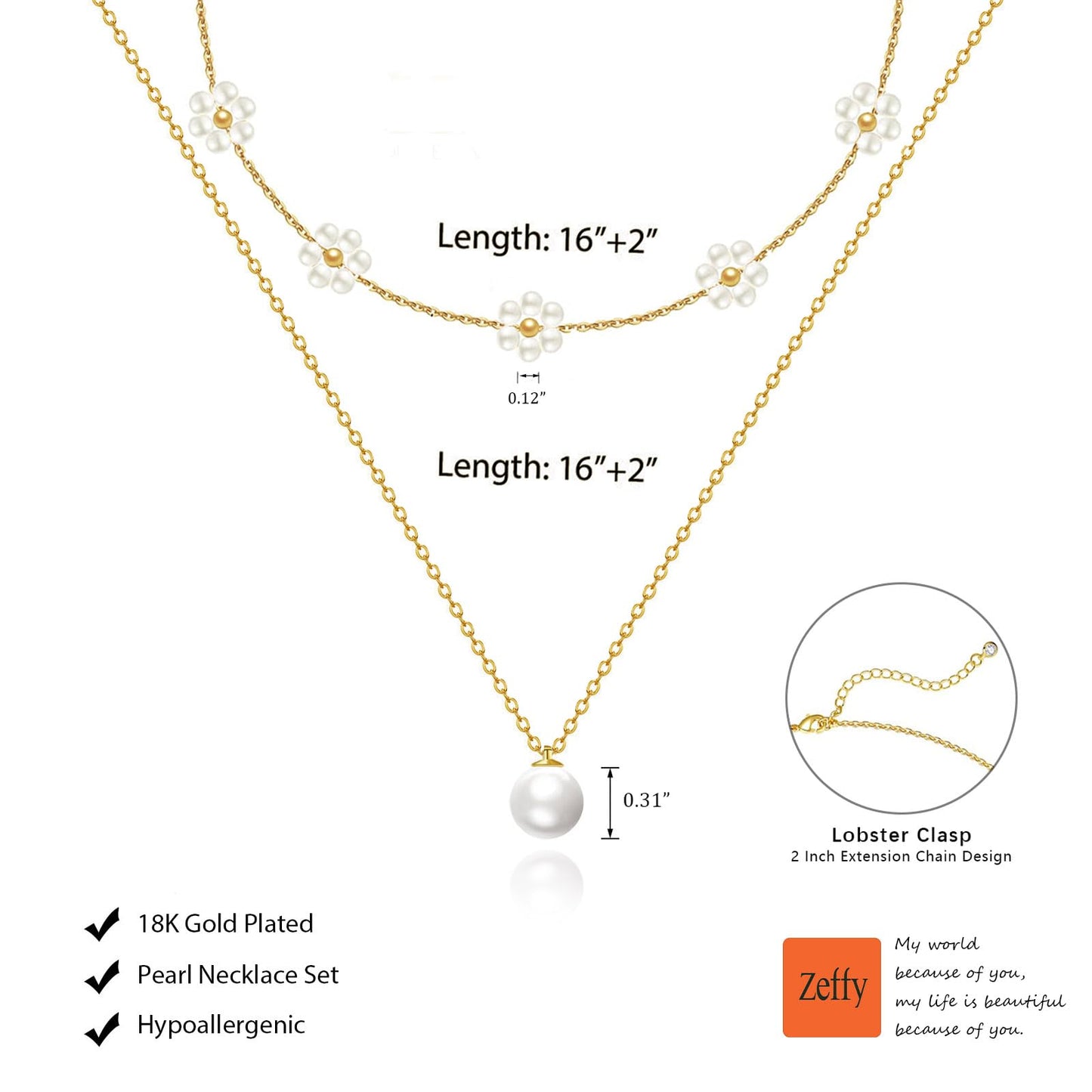 Zeffy Gold Daisy Flower Pearl Layered Necklace Cute Gold Necklace Stack Wedding Jewelry Sets for Women Bridesmaid Gifts 2PCS