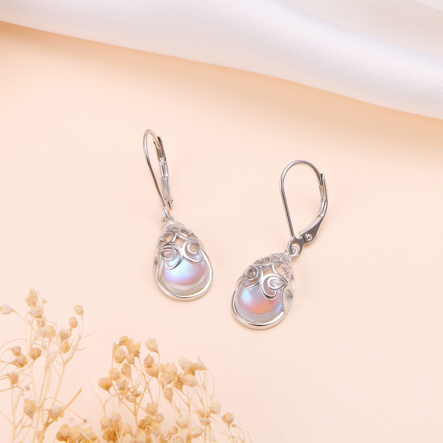 SHAOAN 925 Sterling Silver Filigree Dangle Earrings Moonstone Teardrop Leverback Earrings for Women Jewelry Gifts for Mother’s Day