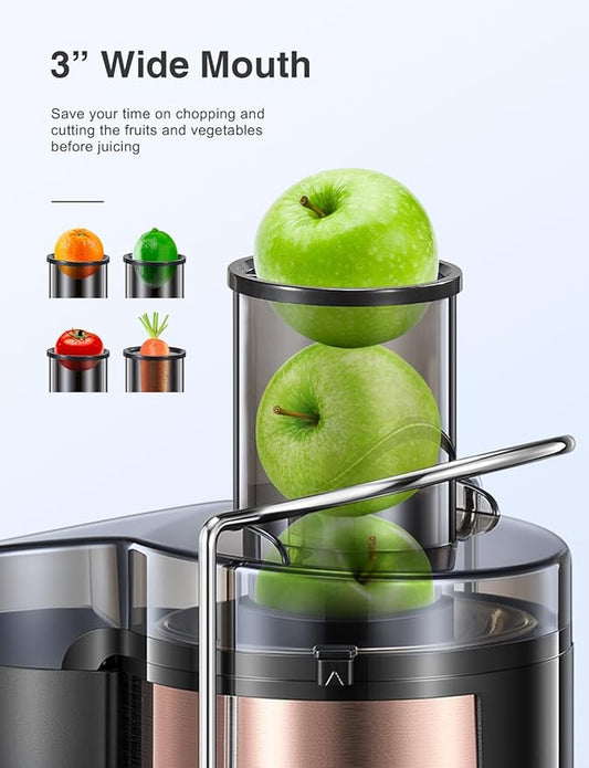 QCen Juicer Machine, 500W Centrifugal Juicer Extractor with Wide Mouth 3” Feed Chute for Fruit Vegetable, Easy to Clean, Stainless Steel, BPA-free (Rose Gold)