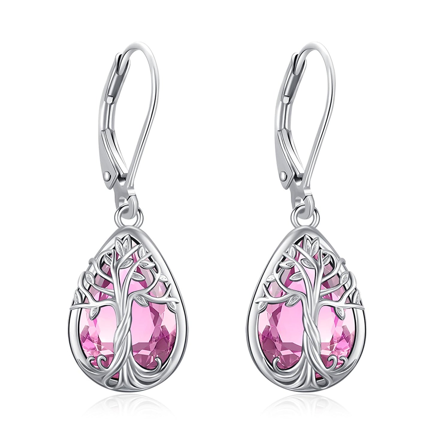 Eusense Teardrop Dangle Earrings Sterling Silver Tree of Life Birthstone Jewelry Tourmaline Pink Leverback Tree of Life Earrings Gift for Women