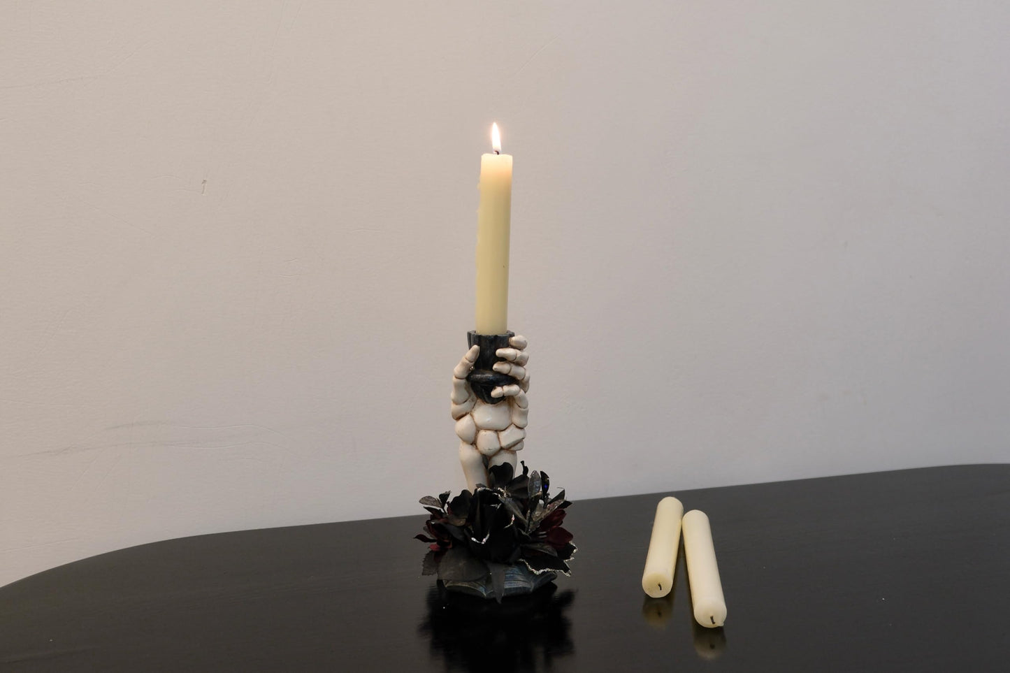 LushNook Halloween Candle Holder, Resin Skeleton Hand Candlestick with Black Faux Flower, Halloween Decor for Home Table, 7" Height"