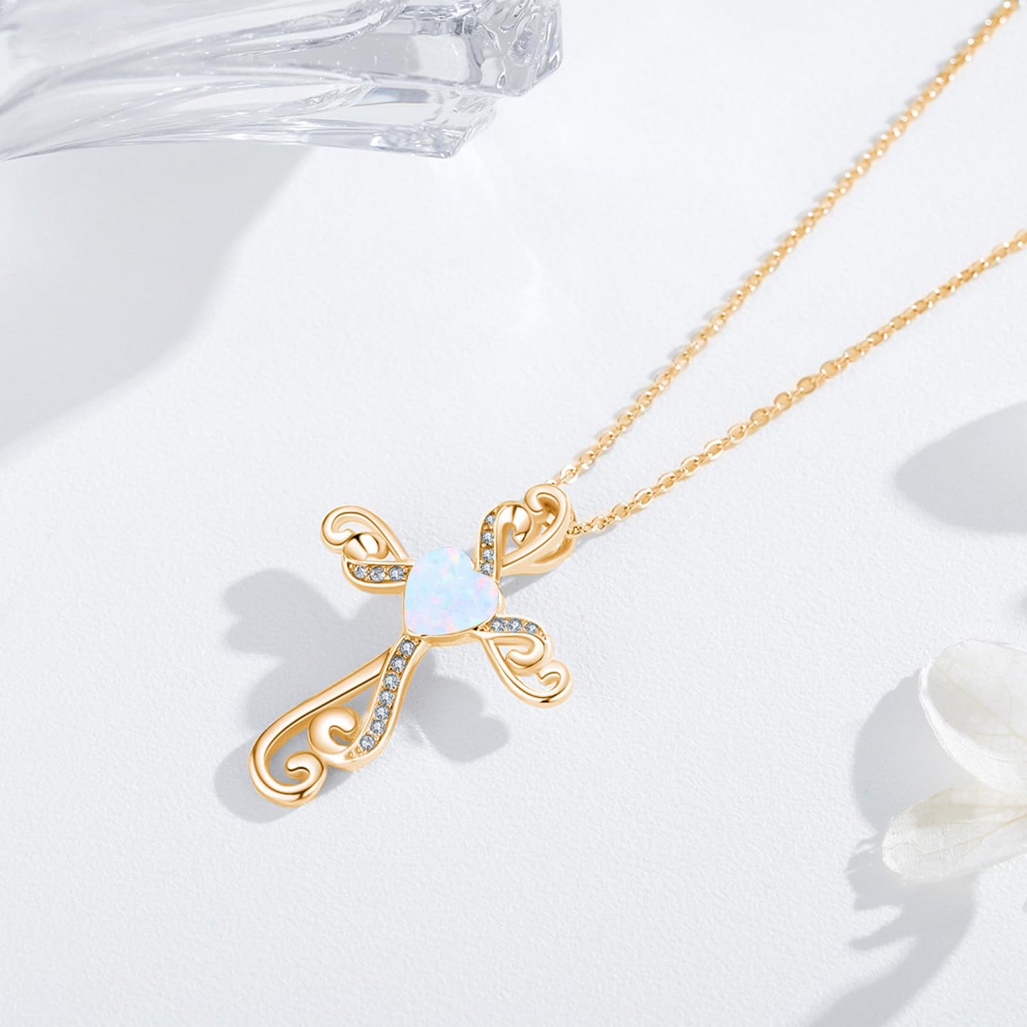 Twoowl 14K Gold Plated Cross Necklace 925 Sterling Silver White Opal Faith Pendant Religious Christian Jewelry Gifts for Mom Women