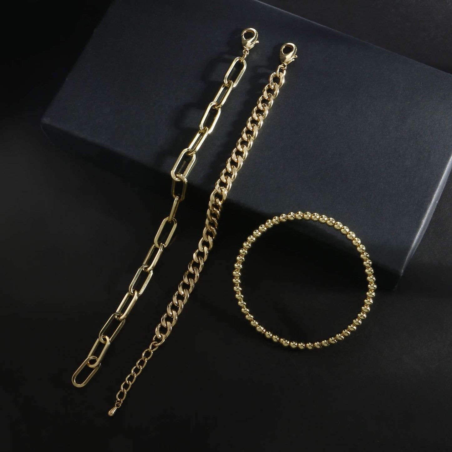 CONRAN KREMIX Gold Chain Bracelet Sets for Women 14K Gold Plated Dainty Link Paperclip Bracelets Stake Adjustable Layered Gold Bracelet for Women Trendy Gold Jewelry