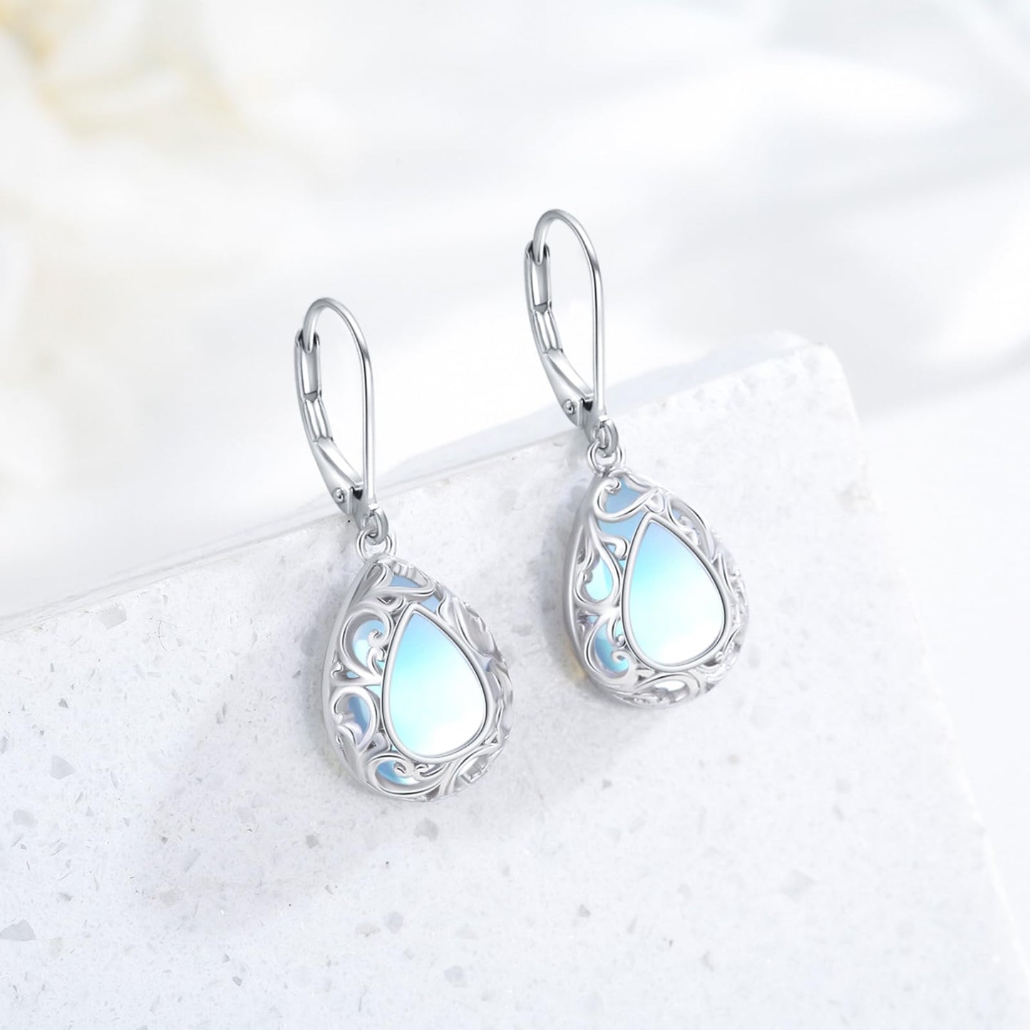 KoyeKei Moonstone Filigree Leverback Earrings for Women 925 Sterling Silver Moonstone Teardrop Dangle Drop Earrings Filigree Jewelry Anniversary Graduation Gifts for Lover Girlfriend Best Friend