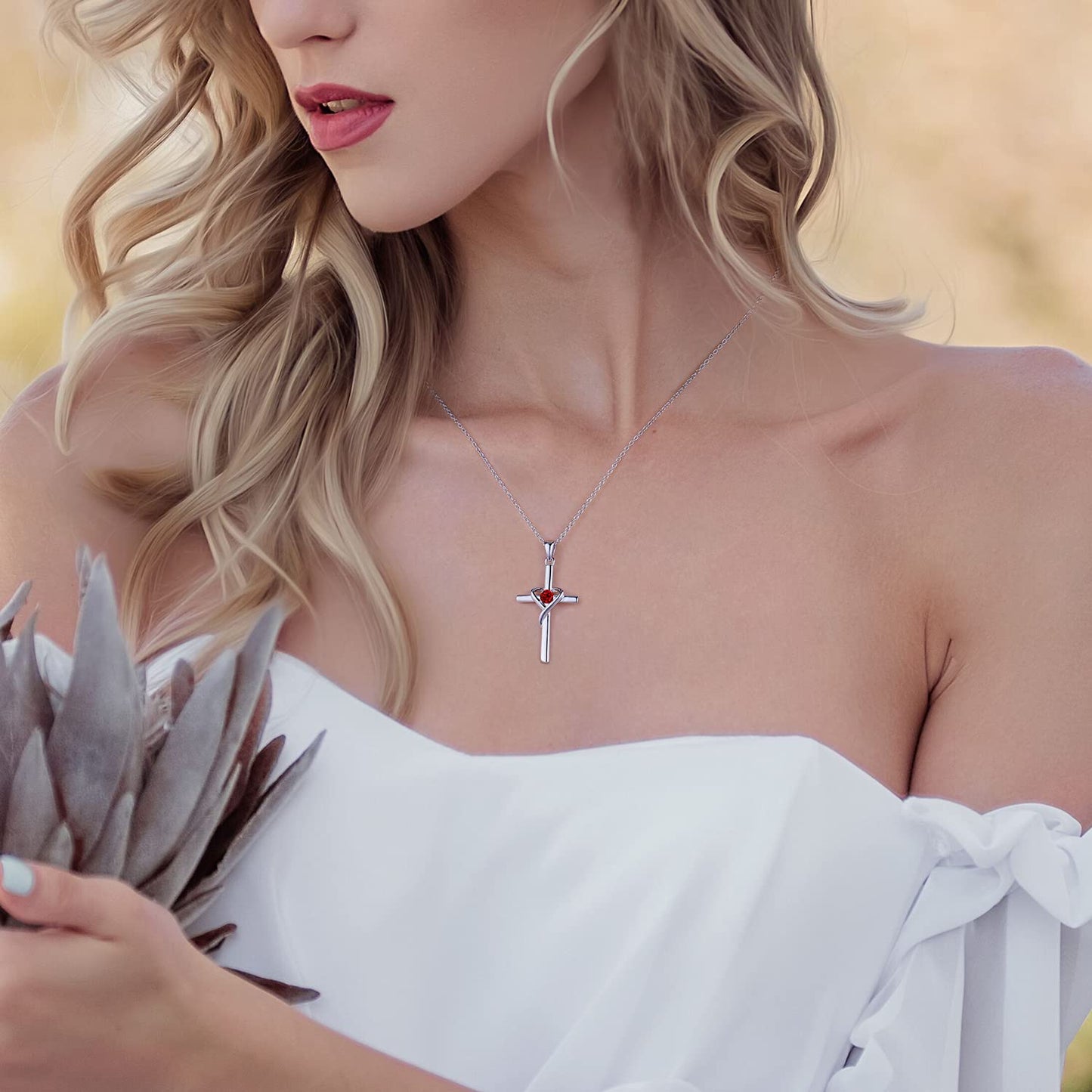 AmorAime 925 Sterling Silver Cross Necklace for Women Men 14K Gold Plated 5A CZ Birthstone Necklaces for Holiday (A.Red-Garnet-January)