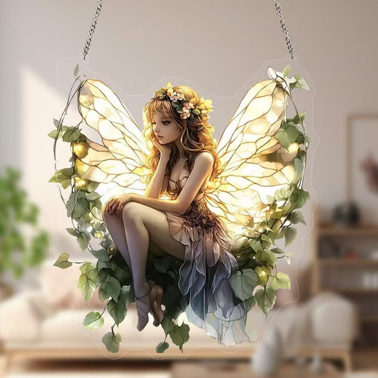 1PC Fairy with Vines Acrylic Suncatcher Hanging, 7.08 inch Window Decor with Printed Stained Glass Style Design, Rainbow Maker Wall Art, Gift Idea & Garden Ornament Indoor Outdoor Use/YX-12