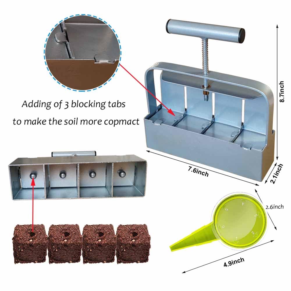 Handheld Soil Blocker Tool Kit - 4 Cell Heavy Duty 2 Inch Seed Starter Soil Block Maker for Seedlings, Cuttings, Greenhouses and Gardens (Ergonomic Design, Durable Metal Construction)