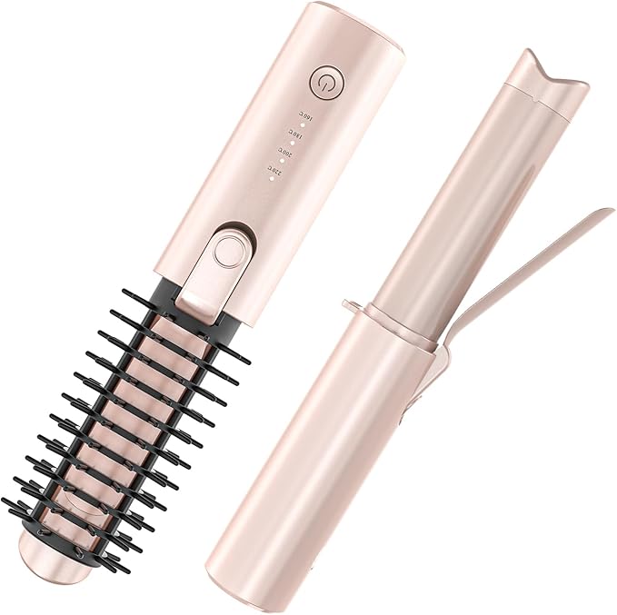 Youbella Cordless Hair Curling Iron Brush, Portable Travel Hair Curler, Mini 1.5â³ Heated Round Brush, 3-in-1 USB Rechargeable Straightening Wand for Styling & Smoothing, 200 Million Ionic Care, Pink