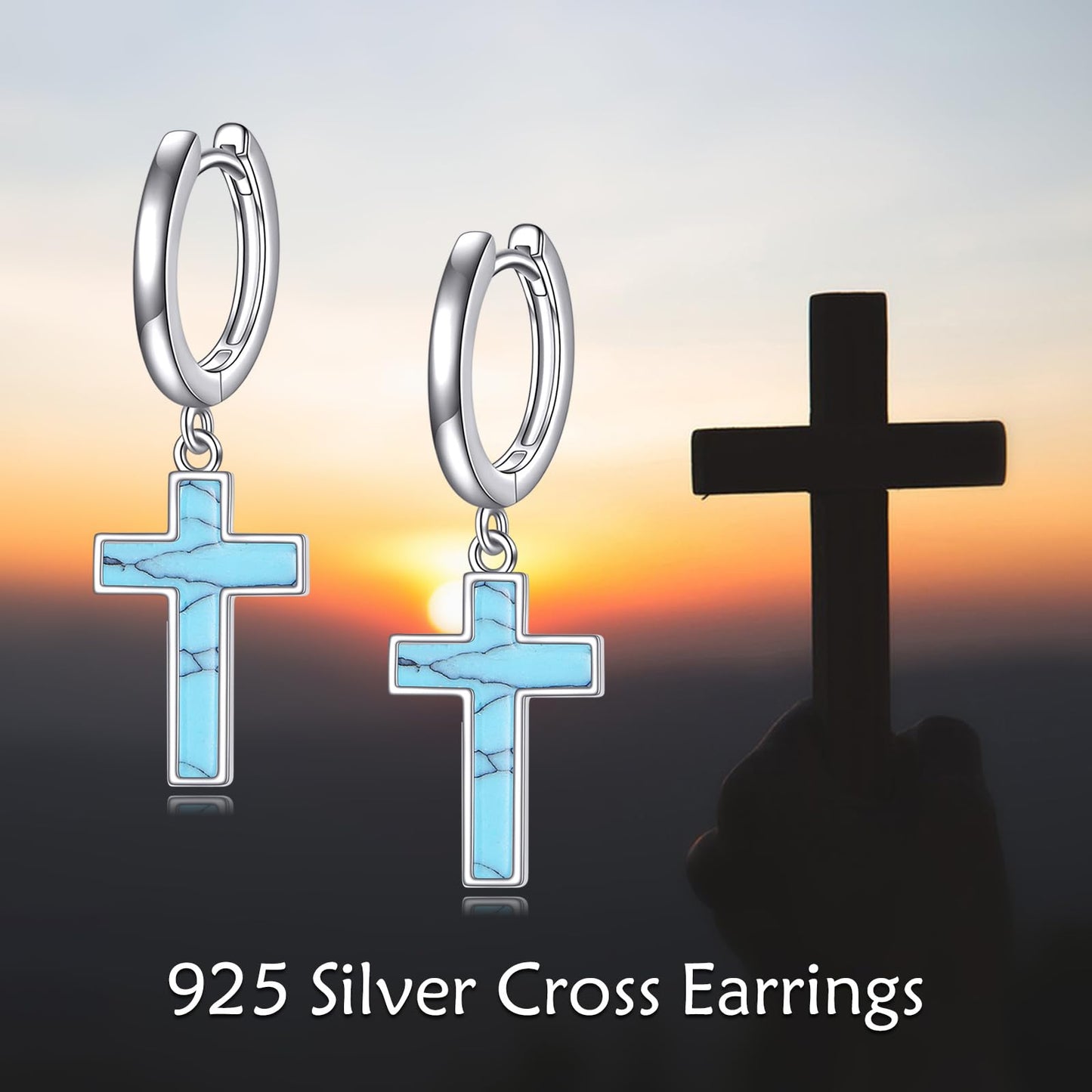 Sterling Silver Hanging Cross Earrings Turquoise Cross Dangle Drop Hoop Earrings for Women Men Religious Jewelry Gifts