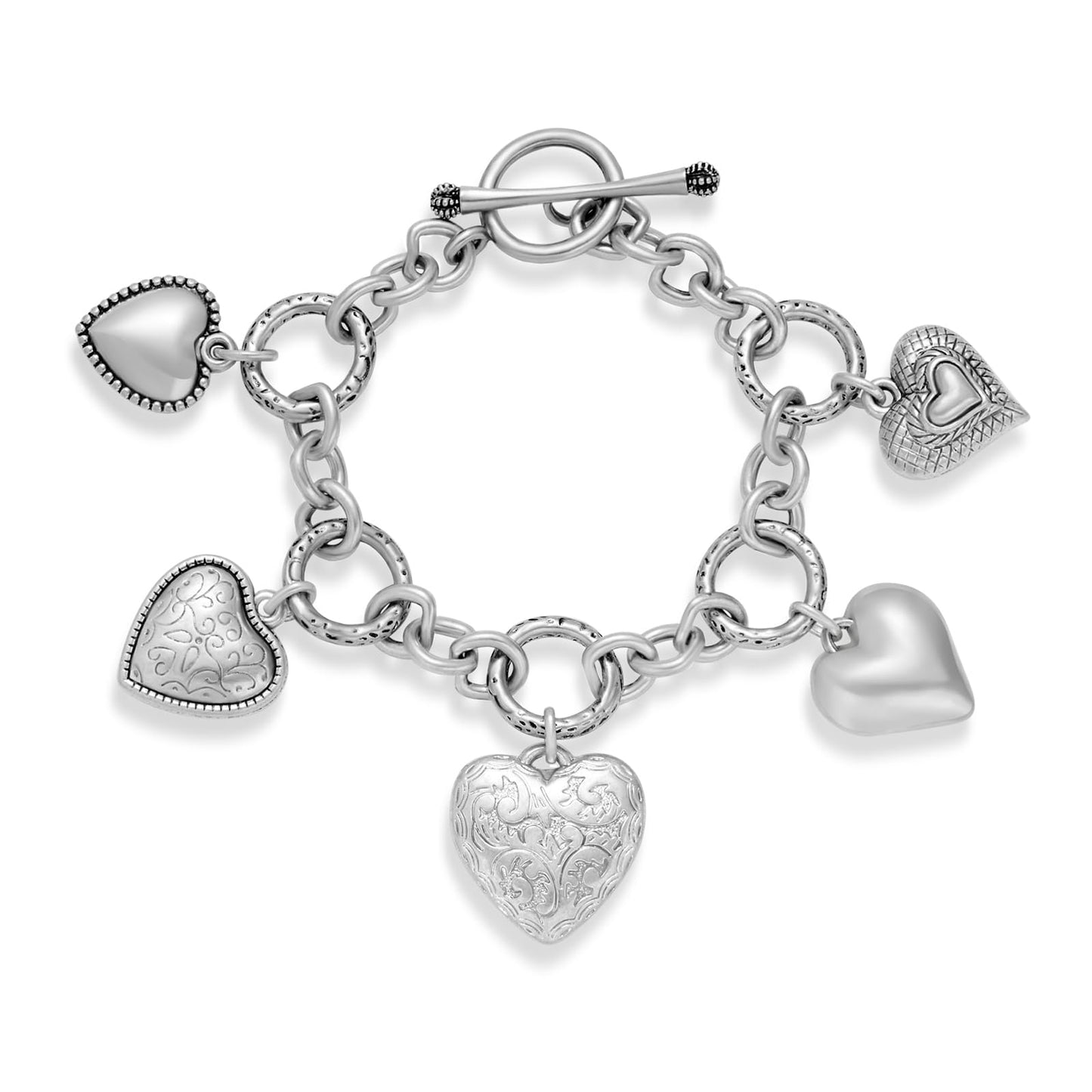 ENSKEFEN Vintage Heart Charm Bracelets for Women Matte White Gold Link Chain Bracelet with 5 Unique Heart Pendants OT Toggle Bracelet