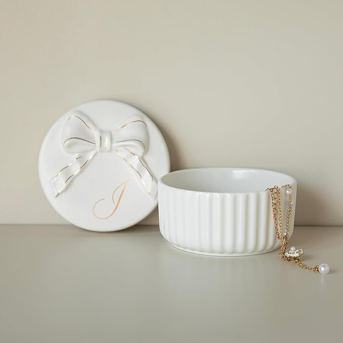 COLLECTIVE HOME - Monogram Jewelry Box with Bow, Christmas Gift Ideas for Women, Small Gift for Girlfriend Wife, Ring Holder, Earrings Dish, Birthday Gift for Her (I)