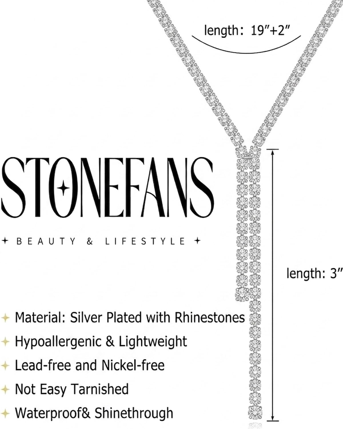 STONEFANS Long Necklaces For Women - Dainty Silver Y Rhinestone Necklace Cute Beach Drop Long Lariat Necklace For Women Trendy Wedding Summer Beach Prom Jewelry