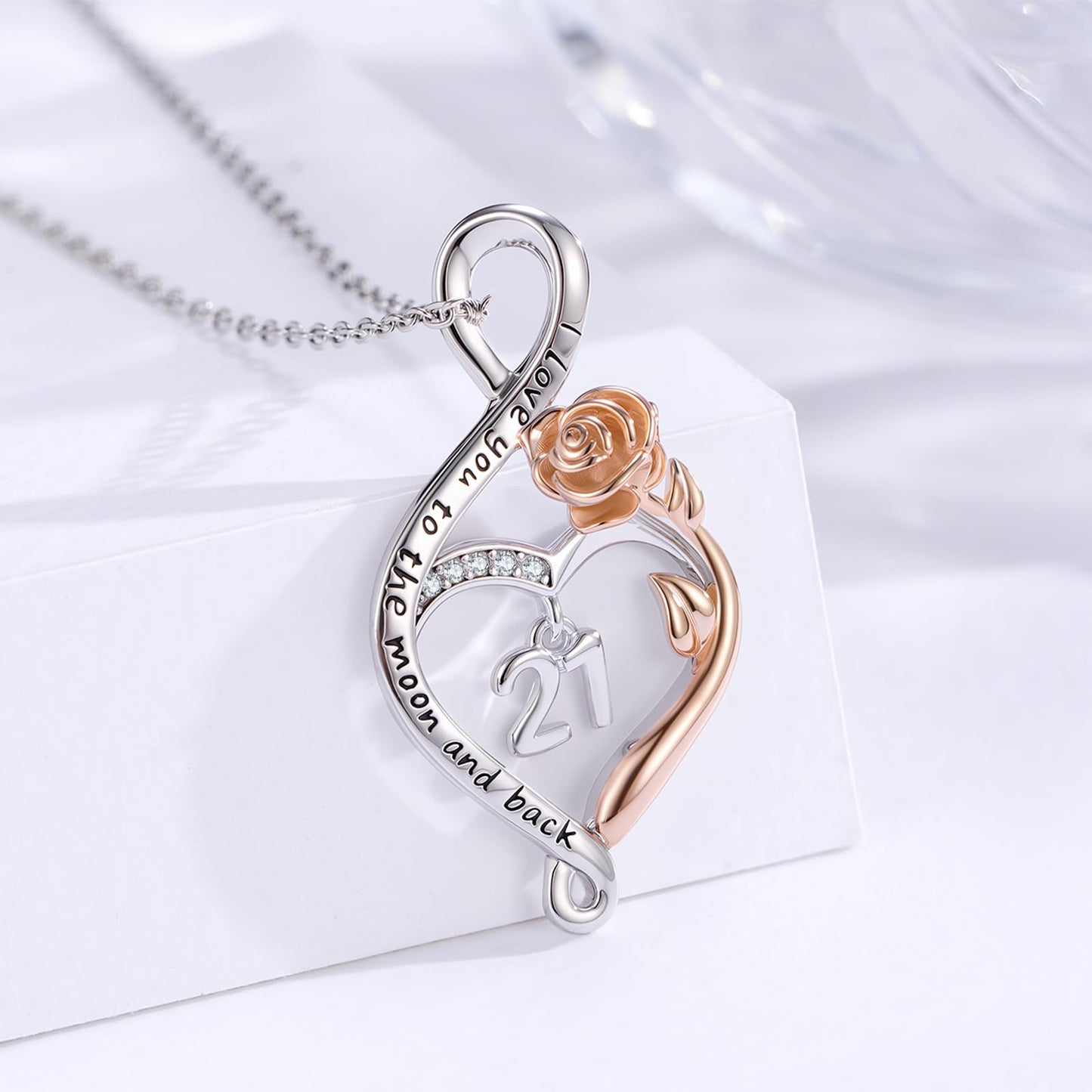 KoyeKei 21st Birthday Gifts for Daughter 21 Year Old Necklace 925 Sterling Silver Rose Flower Heart Infinity Pendant Jewelry Christmas Birthday Gift for Women Female Her