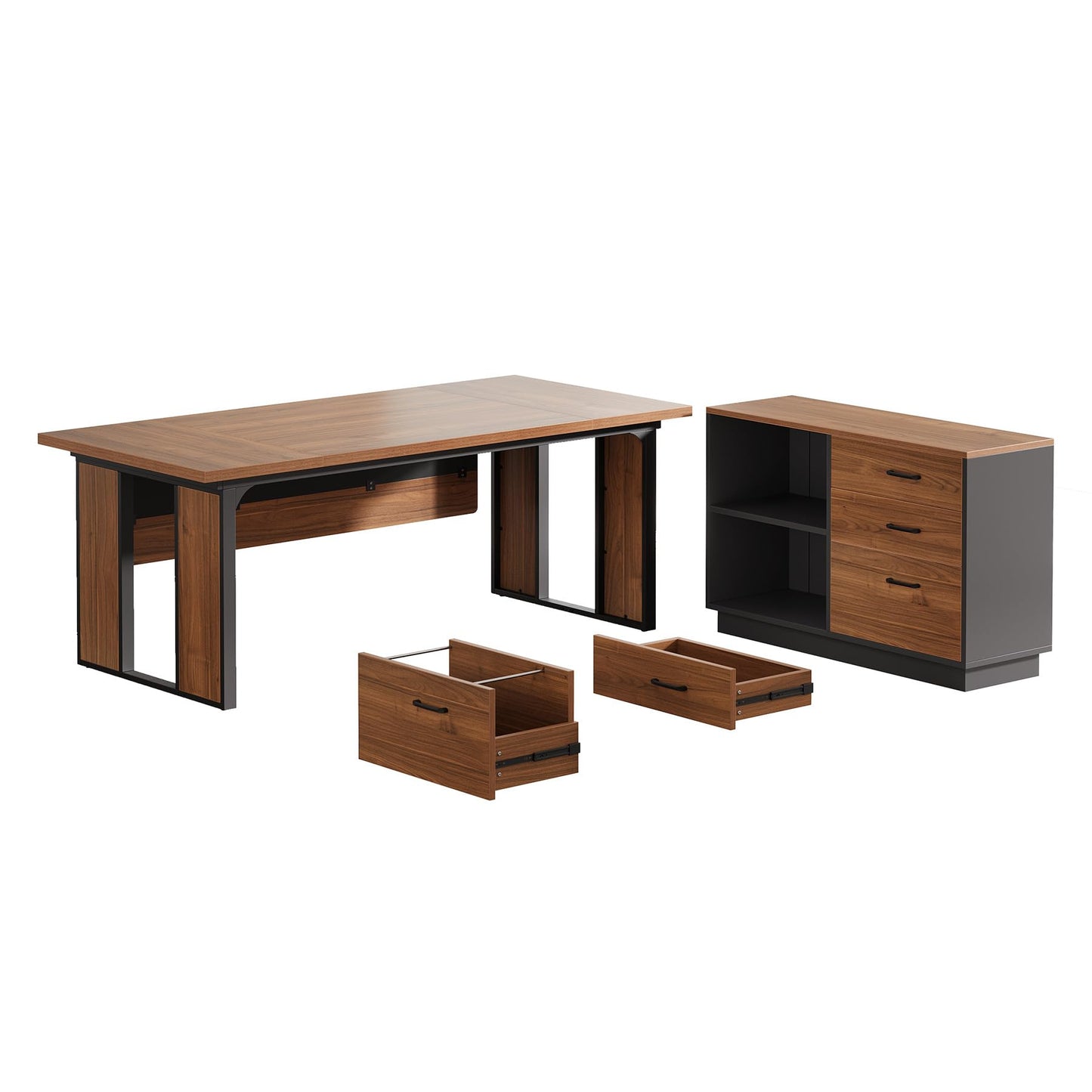 Tribesigns 63‘’ L-Shaped Executive Desk, Office Table with 47-Inch Drawers Cabinet, Large Computer Desk with Storage Shelves, Business Furniture Set for Home Office, Brown & Black