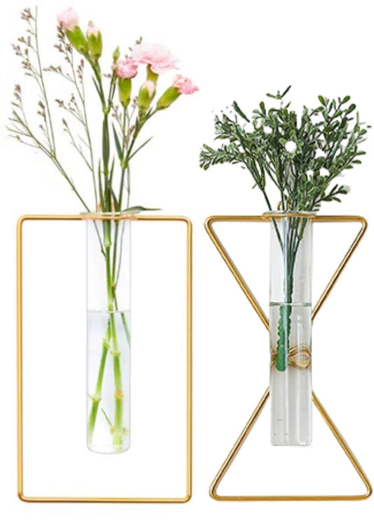 2 Pack Nordic Wall Vase,Gold Geometric Vase Hanging Hydroponic Planter,Wall-Mounted Metal Glass Tube Bud Vase Decorative for Centerpieces Wedding Home Decor(Gold 5)