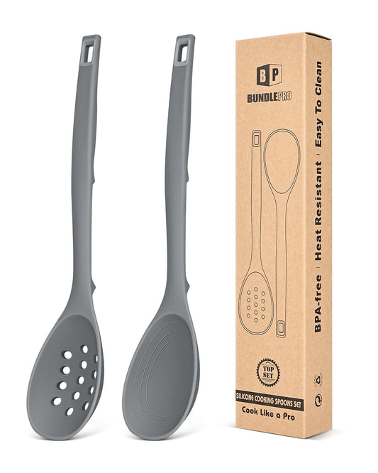 Pack of 2 Silicone Cooking Spoons, Non Stick Solid Kitchen Spoon with Measuring Marks & Back Hooks, Heat Resistant Silicone Slotted Spoon for Cooking, Mixing, Stirring,Serving (GRAY)