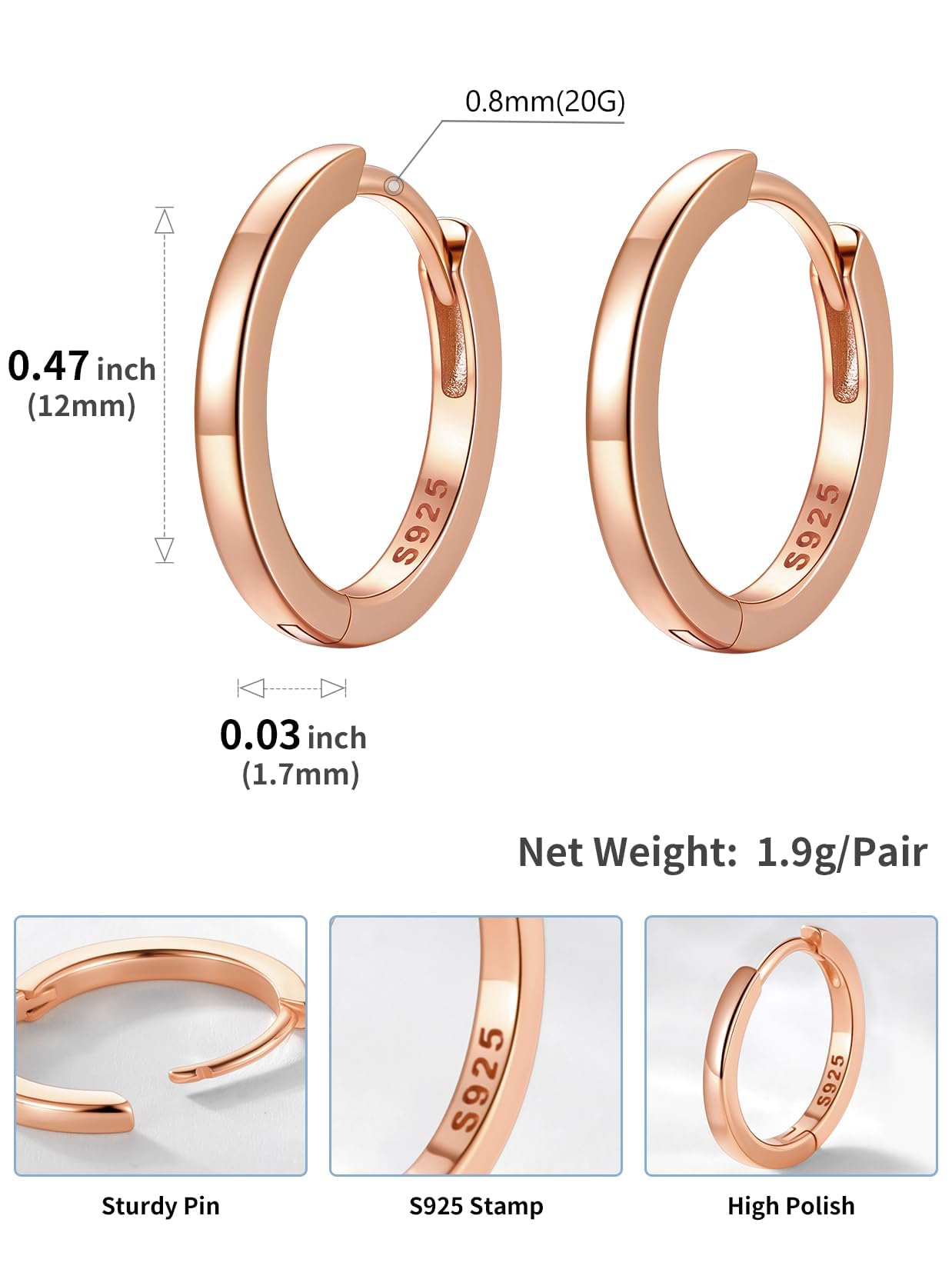 SILVERCUTE 925 Sterling Silver Huggie Hoop Earrings for Women,Hypoallergenic Rose Gold Small Hoop Earring Cartilage Earring Lightweight Huggies Earrings for Women,8/10/12mm