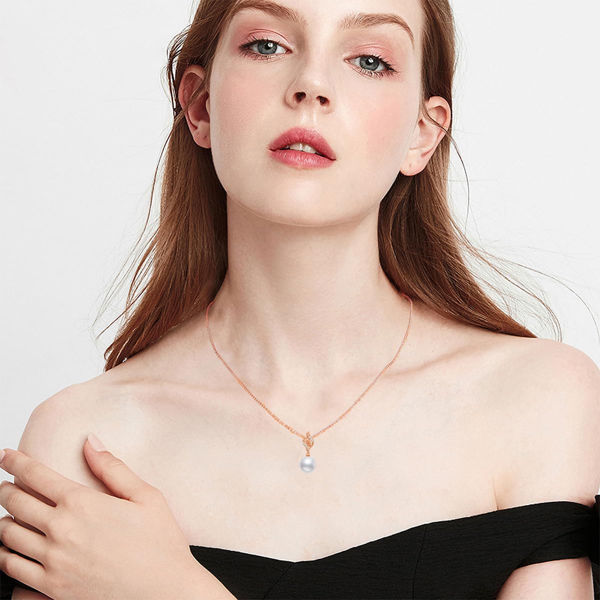 14k Rose Gold Natural Diamond and Freshwater Cultured Pearl Necklace and Earrings Set for Women