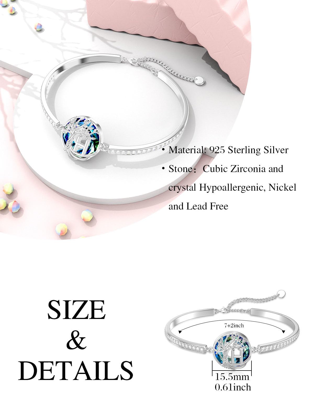 TOUPOP Tree of Life Bracelet Sterling Silver Initial H Letter Bangle Bracelet Family Tree Blue Crystal Jewelry Mothers Day Birthday Gifts for Women Mom Wife