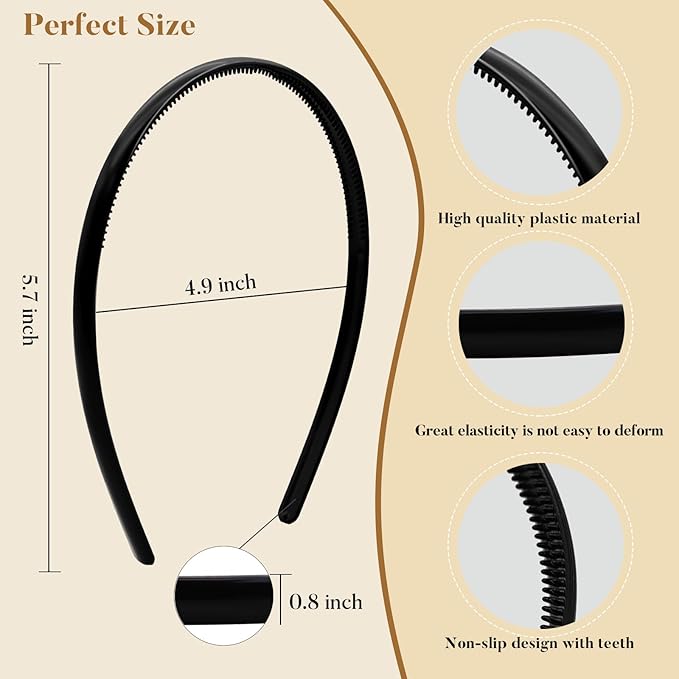 forenee Plastic Thin Skinny Headbands - Headbands for Women - Plain Headband for Girls DIY - Hair Bands Teeth Comb Headband Halloween Comb - Black