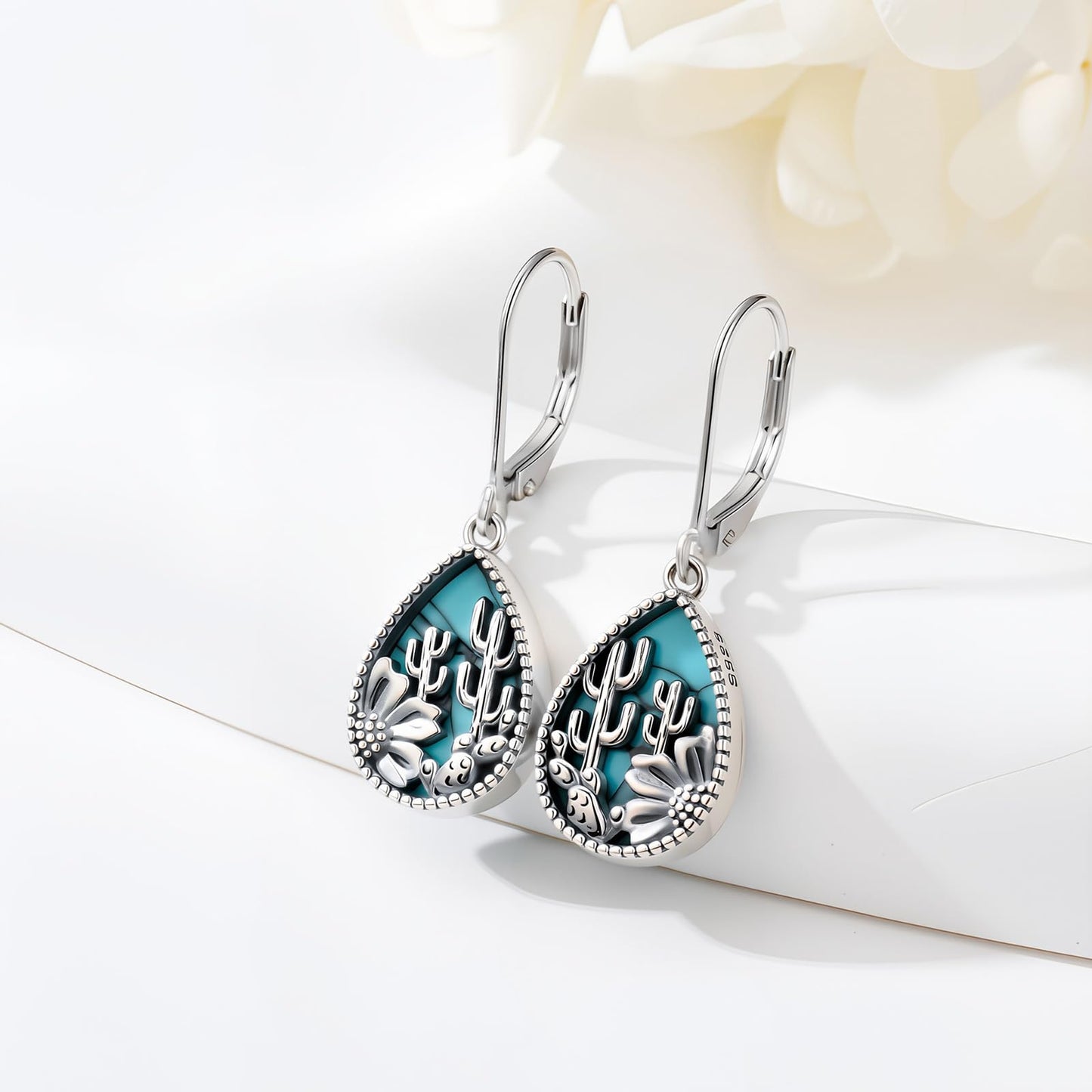 KoyeKei Cactus Dangle Drop Earrings for Women Country 925 Sterling Silver Turquoise Cactus Leverback Earrings Dangling Western Jewelry Christmas Gifts for Plant Lovers