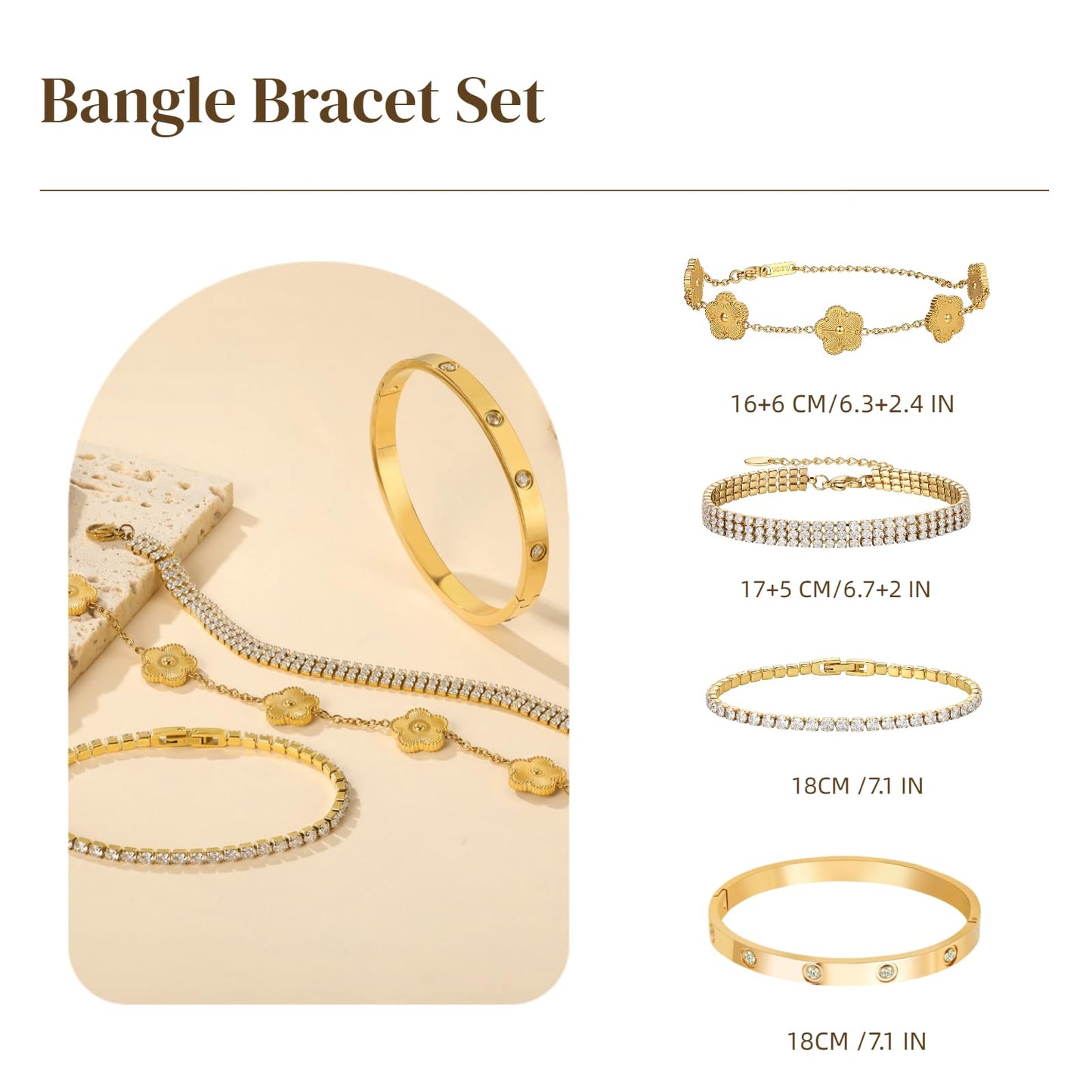 MVCOLEDY 18 K Gold Plated Love Bracelet Stack for Women 4-Piece Bracelet Shell Floral Clover Chain, Tennis Chain and Crystal Gold Bangle, Love Bracelet Design Gift Jewelry for Valentines Day