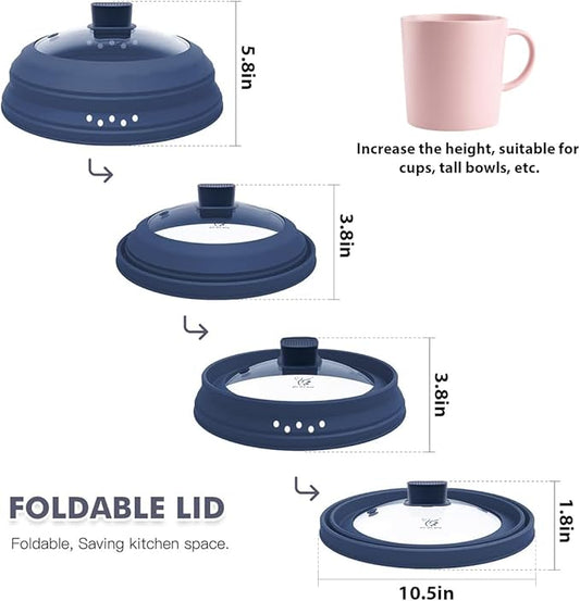 Tall Microwave Splatter Cover Glass Cover Guard Lid 5.8 inch Height with Collapsible Silicone for Food Pot Plate 10.8 inch Dark Blue