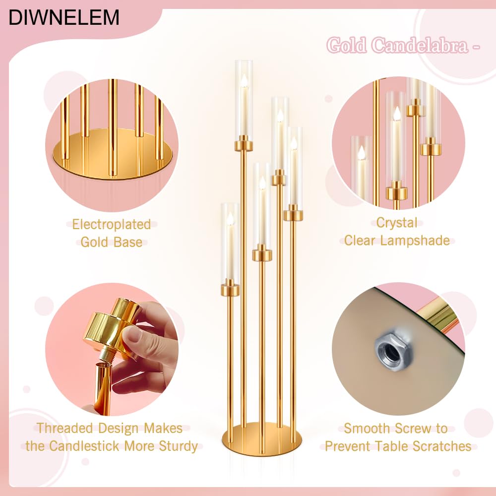 DIWNELEM 4 Pcs Gold Candelabra Centerpieces 5 Arm 42" Tall Metal Candle Holder Floor Candelabra Wedding Centerpieces Metal Candlestick Holders with Acrylic Removable Lampshade for Christmas Decoration"