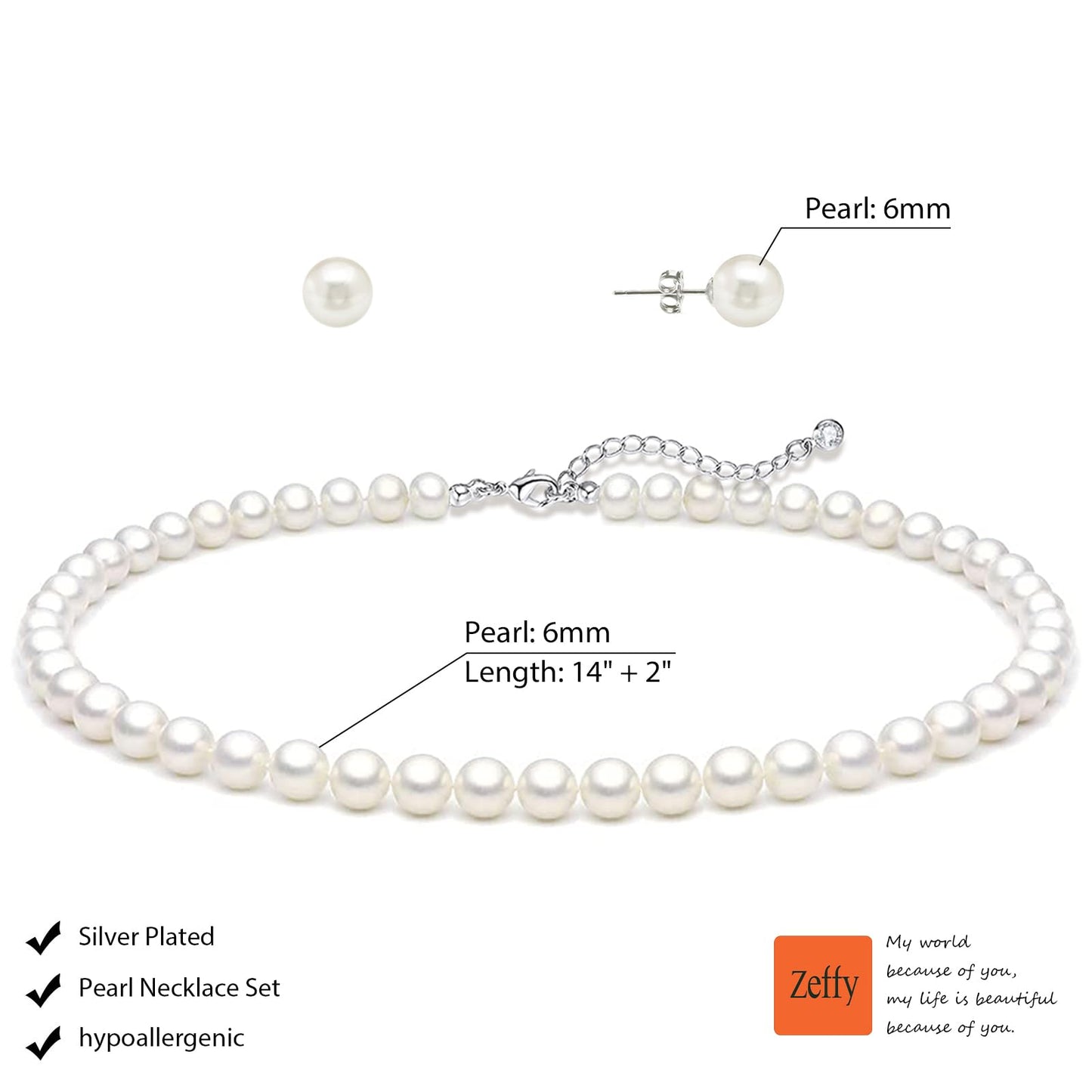 Zeffy Pearl Necklace and Earring Set for Women, White Round Faux Pearl Necklace Earring Set of 2, Jewelry for Brides
