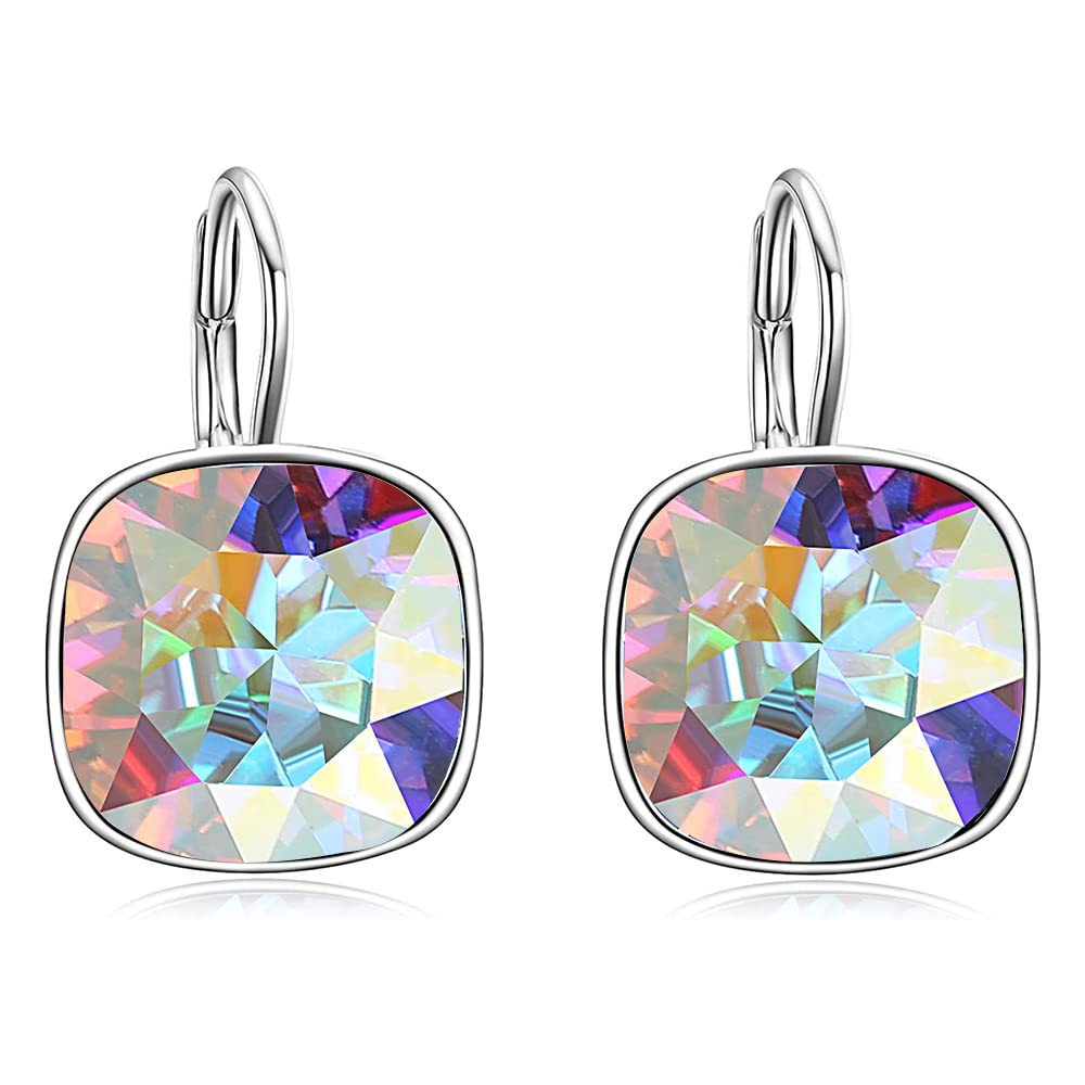 AOBOCO Sterling Silver Leverback Earrings Embellished with Crystals from Austria, Hypoallergenic Cushion Cut Square Crystal Earrings, Fine Anniversary Birthday Jewelry Gifts for Women (Aurore Boreale)
