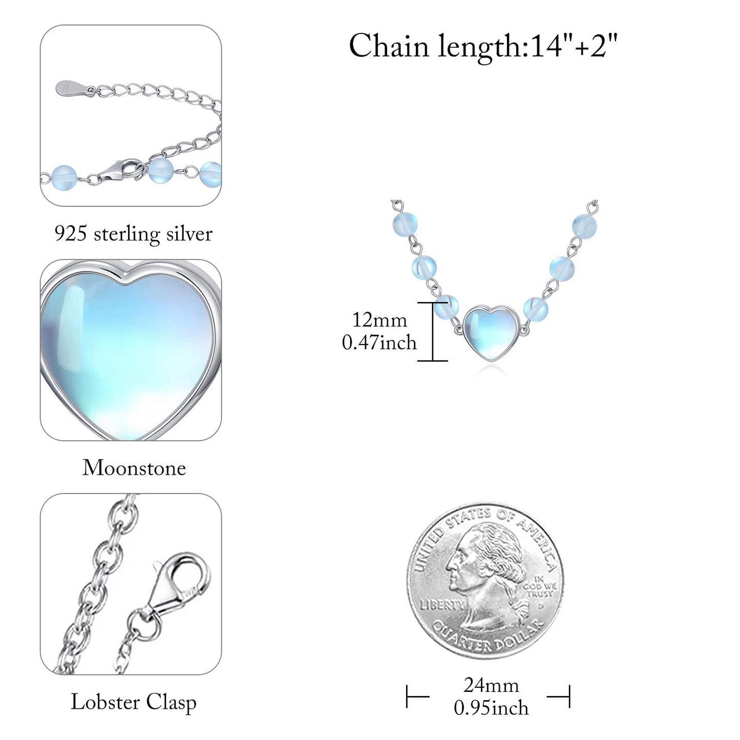 OUTANG Moonstone Beaded Necklace for Women 925 Sterling Silver Heart Choker Necklace Ladies Jewelry Gifts