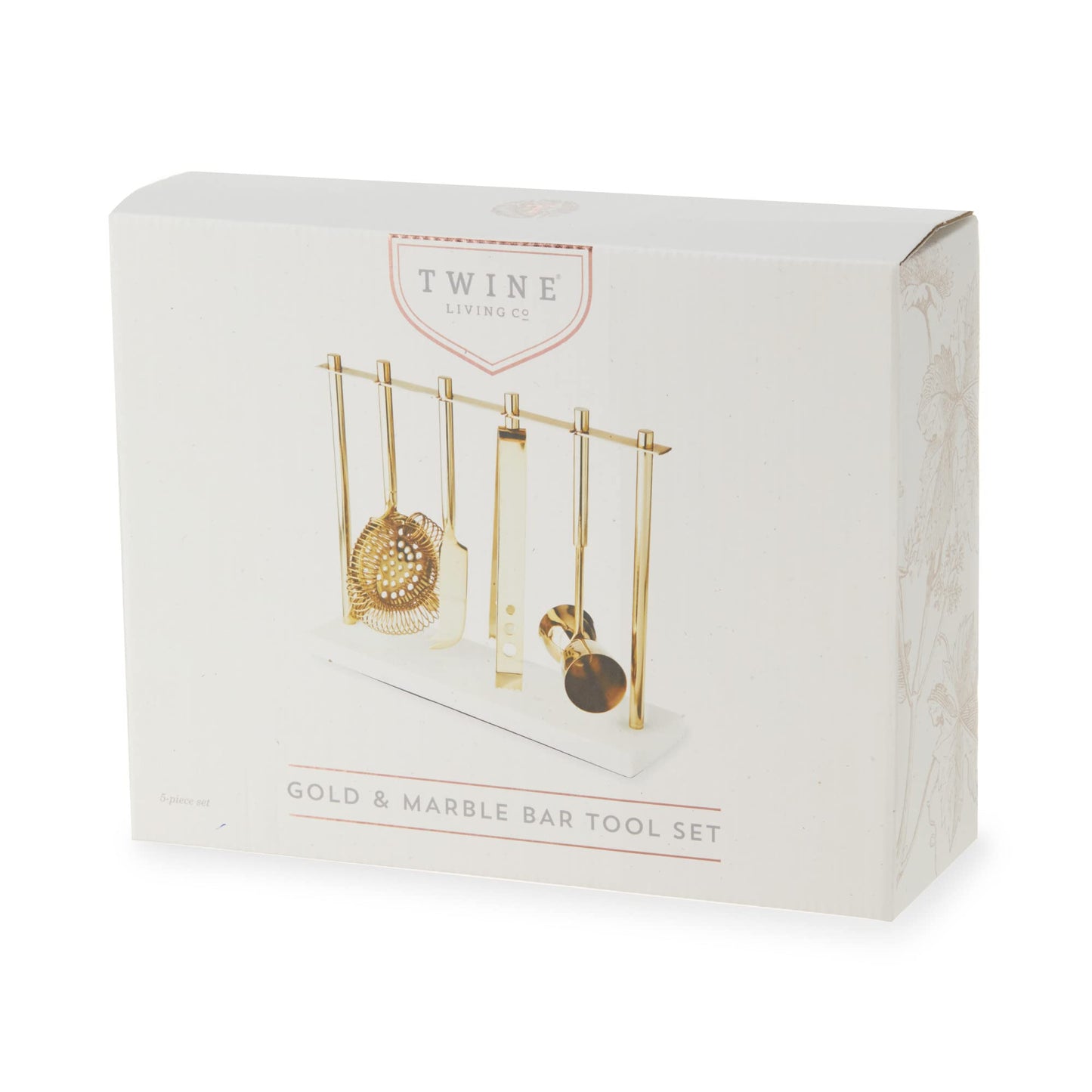 Twine Bar Tool Set Includes Hawthorne Strainer, Citrus Knife, Ice Tongs, Double Jigger with Marble Display Stand for Classic Cocktails and Cold Brew Drinks, Home Bar Cart Accessories, 4-Piece, Gold