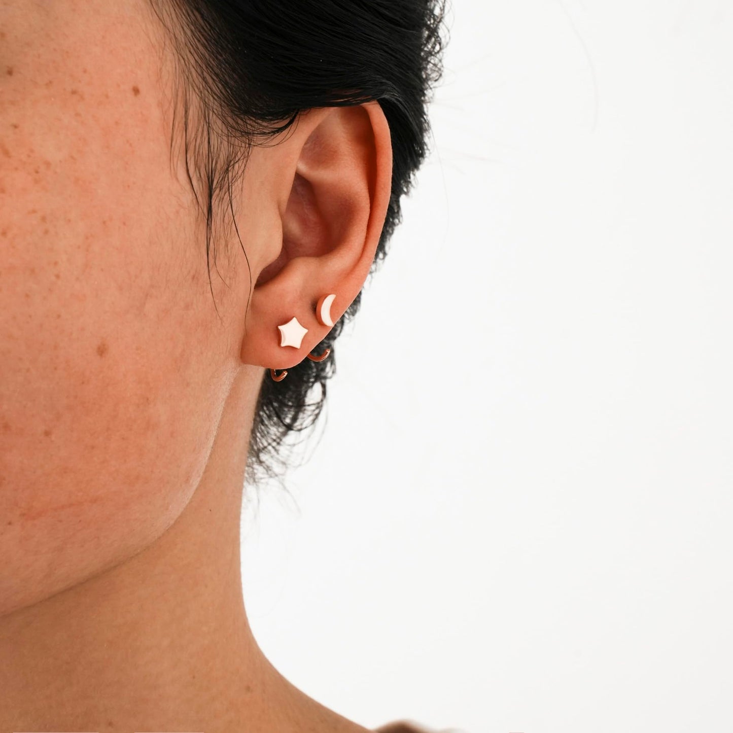 Half Hoop Earrings 18K Rose Gold Plated 925 Sterling Silver Moon Star Half Hoop Earrings Crescent Moon Open Huggie Hoops Little Huggy Earrings for Women 2 Pairs