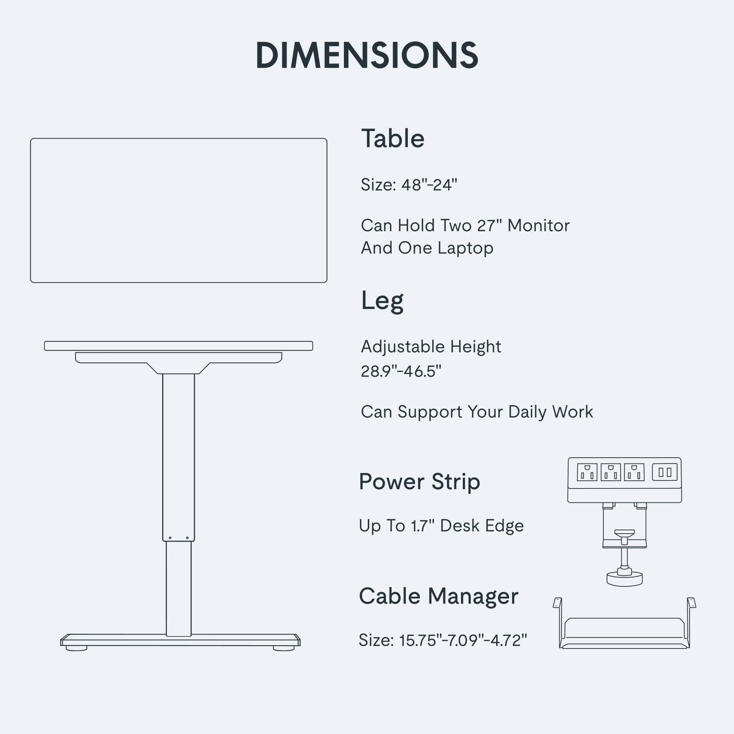 FLEXISPOT EN2 Whole-Piece Standing Desk with Clamp Power Strip, 48x24'' Electric Stand Up Height Adjustable Desk with Cable Management (Black Frame + 48" Black Table Top)